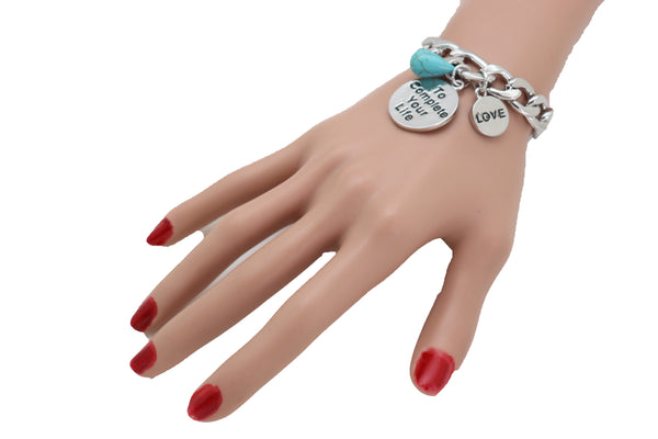 Brand New Women Silver Metal Chain Bracelet LOVE TO COMPLTE YOUR LIFE Charm Turquoise Blue