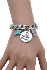 Silver Chain Bracelet FAITH BELIEVE Charms Turquoise Blue Religious Cross