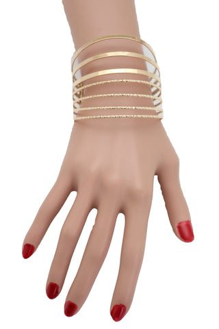 Brand New Women Gold Metal Bangle Cuff Bracelet Classy Jewelry Fashion Stripes Fan Simple