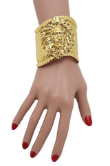 Western Gold Cuff Bracelet Lion Head Hammered Metal Style