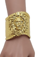 Western Gold Cuff Bracelet Lion Head Hammered Metal Style