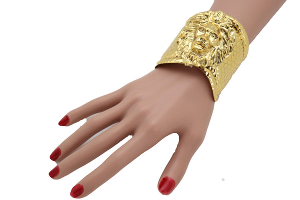 Brand New Women Western Fashion Jewelry Gold Cuff Bracelet Lion Head Hammered Metal Style