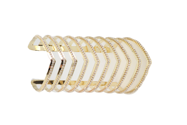 Brand New Women Jewelry Gold Metal Bling Extra Long Cuff Bracelet Fancy Chevron Wonder Hot