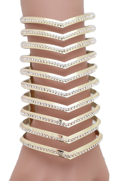 Brand New Women Jewelry Gold Metal Bling Extra Long Cuff Bracelet Fancy Chevron Wonder Hot