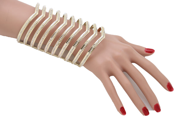 Brand New Women Jewelry Gold Metal Bling Extra Long Cuff Bracelet Fancy Chevron Wonder Hot