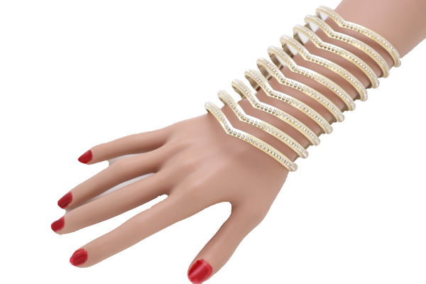 Brand New Women Jewelry Gold Metal Bling Extra Long Cuff Bracelet Fancy Chevron Wonder Hot