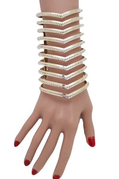 Brand New Women Jewelry Gold Metal Bling Extra Long Cuff Bracelet Fancy Chevron Wonder Hot