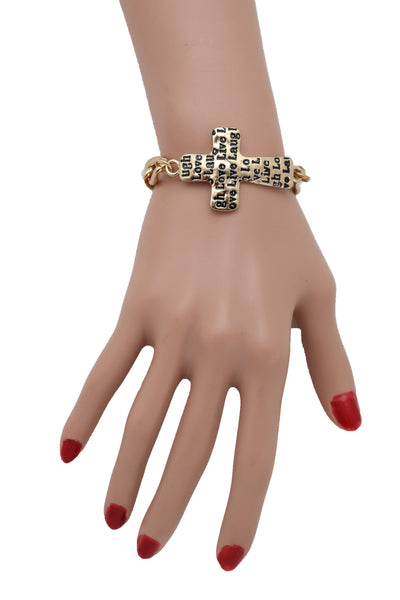 Brand New Women Gold Metal Chain Bracelet Religious Cross Fashion Jewelry Laugh Love Live