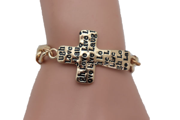 Brand New Women Gold Metal Chain Bracelet Religious Cross Fashion Jewelry Laugh Love Live