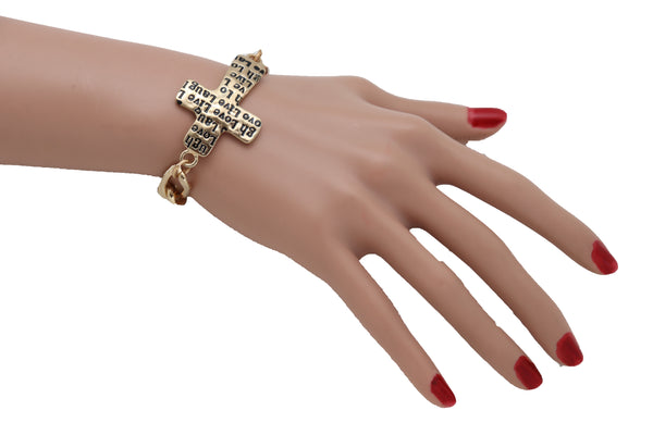 Brand New Women Gold Metal Chain Bracelet Religious Cross Fashion Jewelry Laugh Love Live