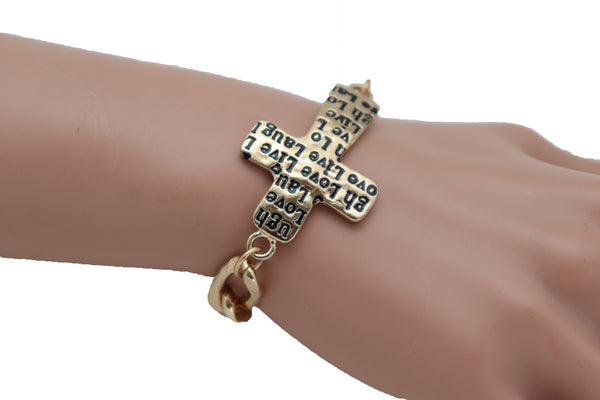 Brand New Women Gold Metal Chain Bracelet Religious Cross Fashion Jewelry Laugh Love Live
