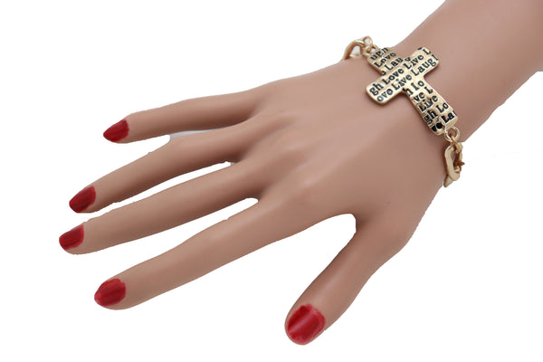 Brand New Women Gold Metal Chain Bracelet Religious Cross Fashion Jewelry Laugh Love Live