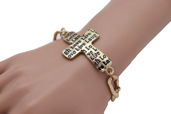 Brand New Women Gold Metal Chain Bracelet Religious Cross Fashion Jewelry Laugh Love Live