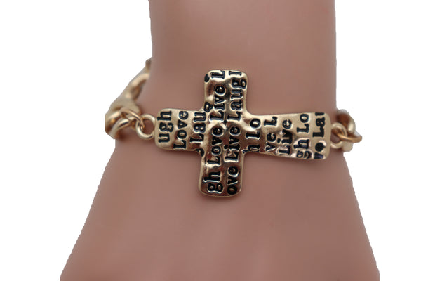 Brand New Women Gold Metal Chain Bracelet Religious Cross Fashion Jewelry Laugh Love Live