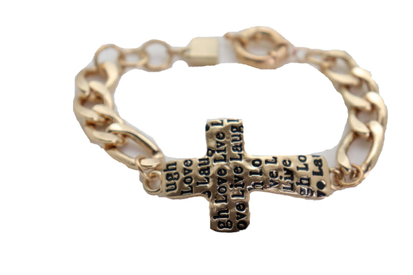 Brand New Women Gold Metal Chain Bracelet Religious Cross Fashion Jewelry Laugh Love Live