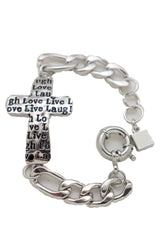 Women Silver Metal Chain Bracelet Cross Charm Love Live Laugh