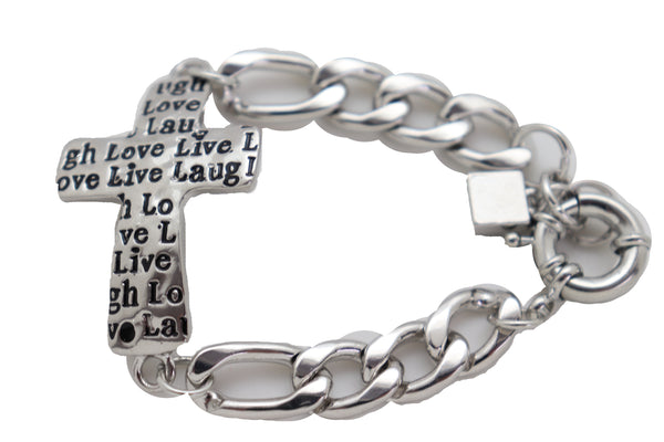 Women Silver Metal Chain Fashion Jewelry Bracelet Cross Charm Love Live Laugh