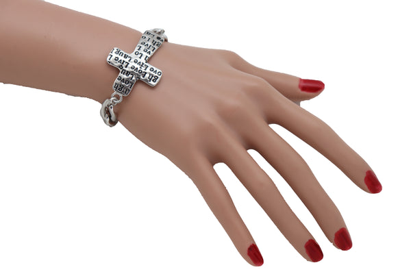 Women Silver Metal Chain Fashion Jewelry Bracelet Cross Charm Love Live Laugh
