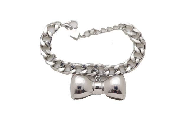 Brand New Women Bracelet Silver Metal Chain Link Bow Tie Ribbon Charm Gift Fashion Jewelry