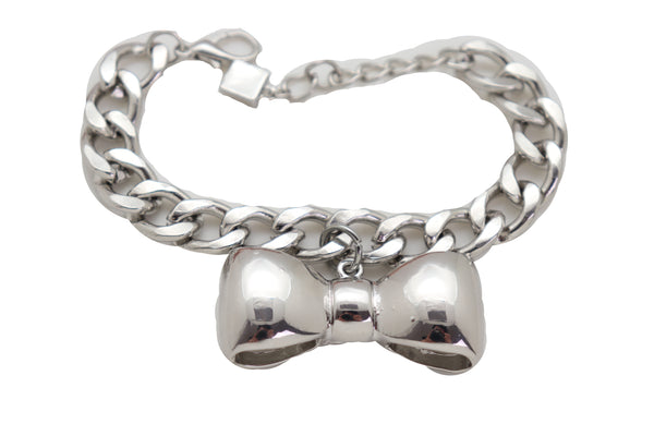 Brand New Women Bracelet Silver Metal Chain Link Bow Tie Ribbon Charm Gift Fashion Jewelry