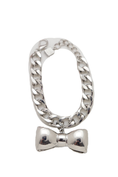 Brand New Women Bracelet Silver Metal Chain Link Bow Tie Ribbon Charm Gift Fashion Jewelry