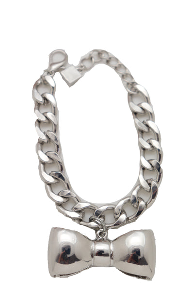 Brand New Women Bracelet Silver Metal Chain Link Bow Tie Ribbon Charm Gift Fashion Jewelry