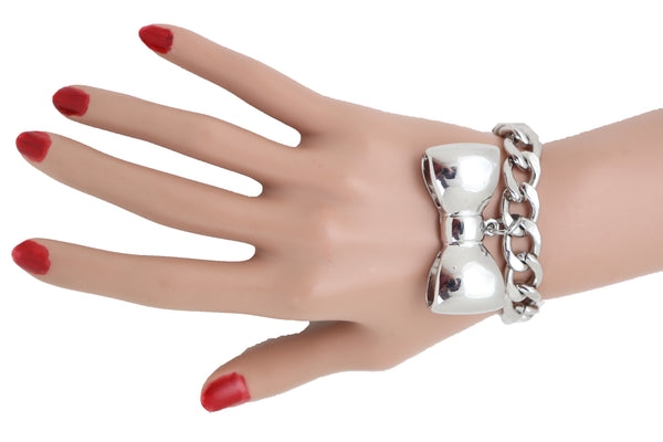 Brand New Women Bracelet Silver Metal Chain Link Bow Tie Ribbon Charm Gift Fashion Jewelry