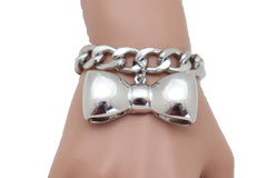 Bracelet Silver Metal Chain Link Bow Tie Ribbon Charm Gift