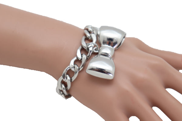 Brand New Women Bracelet Silver Metal Chain Link Bow Tie Ribbon Charm Gift Fashion Jewelry