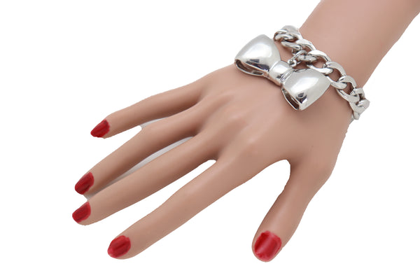 Brand New Women Bracelet Silver Metal Chain Link Bow Tie Ribbon Charm Gift Fashion Jewelry