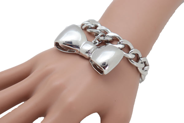 Brand New Women Bracelet Silver Metal Chain Link Bow Tie Ribbon Charm Gift Fashion Jewelry