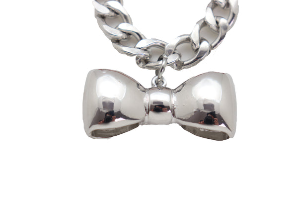 Brand New Women Bracelet Silver Metal Chain Link Bow Tie Ribbon Charm Gift Fashion Jewelry