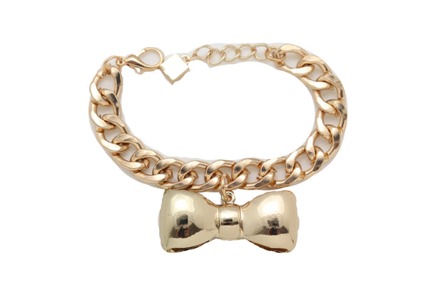 Brand New Women Bracelet Gold Color Metal Chain Bow Tie Charm Fashion Jewelry Present Gift