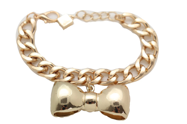 Brand New Women Bracelet Gold Color Metal Chain Bow Tie Charm Fashion Jewelry Present Gift