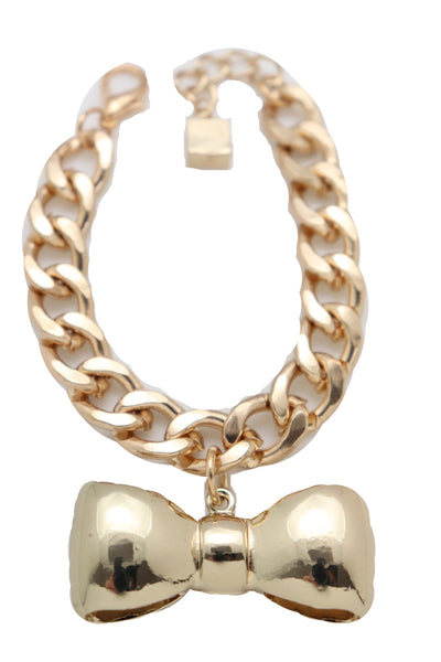 Brand New Women Bracelet Gold Color Metal Chain Bow Tie Charm Fashion Jewelry Present Gift