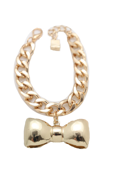 Brand New Women Bracelet Gold Color Metal Chain Bow Tie Charm Fashion Jewelry Present Gift