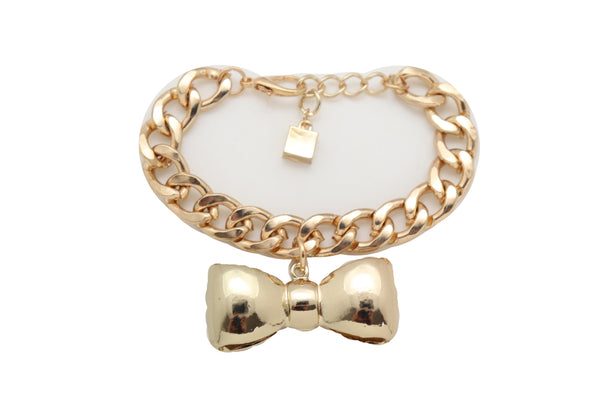 Brand New Women Bracelet Gold Color Metal Chain Bow Tie Charm Fashion Jewelry Present Gift