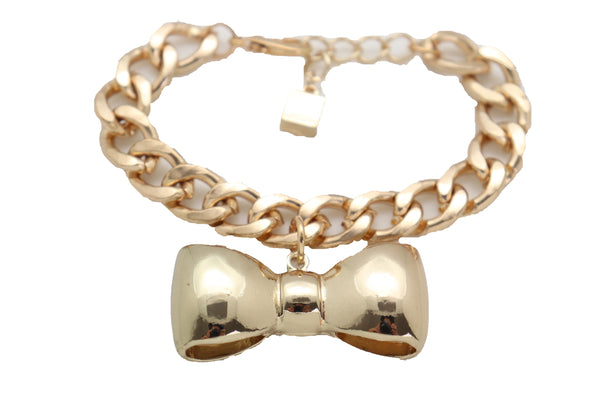 Brand New Women Bracelet Gold Color Metal Chain Bow Tie Charm Fashion Jewelry Present Gift