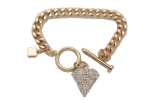 Brand New Women Gold Color Metal Chain Fashion Jewelry Wrist Bracelet Bling Diamond Charm