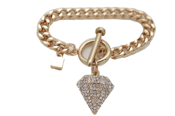 Brand New Women Gold Color Metal Chain Fashion Jewelry Wrist Bracelet Bling Diamond Charm
