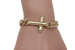 Gold Metal Chain Bracelet Urban Cross Charm Religious Look