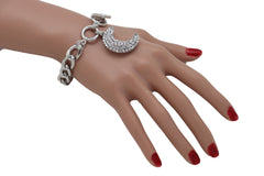 Silver Metal Hand Chain Bracelet Bling Moon Charm Crescent