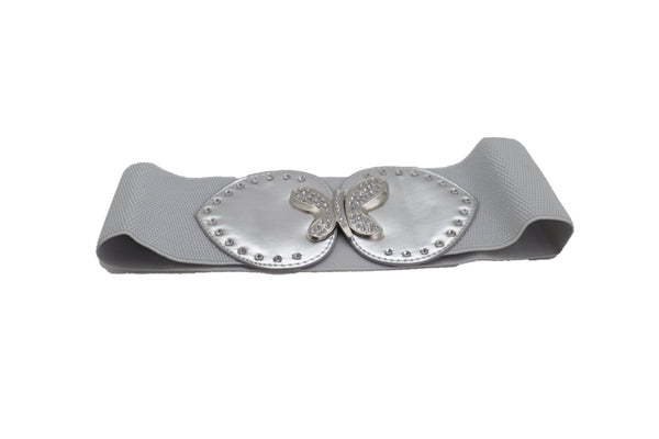 Brand New Women Silver Faux Leather Wide Elastic Band Fashion Belt Bling Butterfly Fit S M