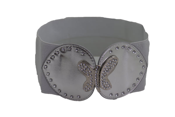Brand New Women Silver Faux Leather Wide Elastic Band Fashion Belt Bling Butterfly Fit S M