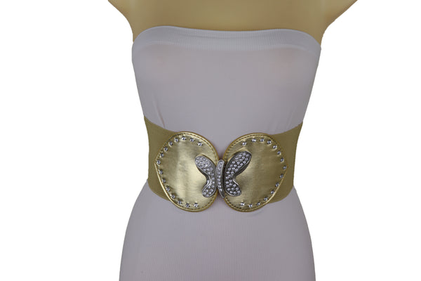 Brand New Women Gold Faux Leather Wide Elastic Fashion Belt Silver Metal Butterfly Fit S M