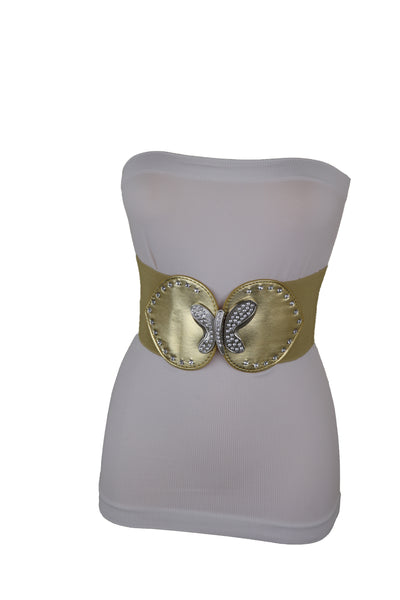 Brand New Women Gold Faux Leather Wide Elastic Fashion Belt Silver Metal Butterfly Fit S M