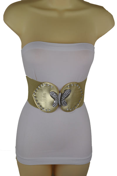 Brand New Women Gold Faux Leather Wide Elastic Fashion Belt Silver Metal Butterfly Fit S M