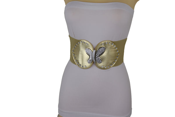Brand New Women Gold Faux Leather Wide Elastic Fashion Belt Silver Metal Butterfly Fit S M