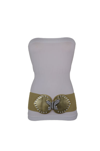Brand New Women Gold Faux Leather Wide Elastic Fashion Belt Silver Metal Butterfly Fit S M