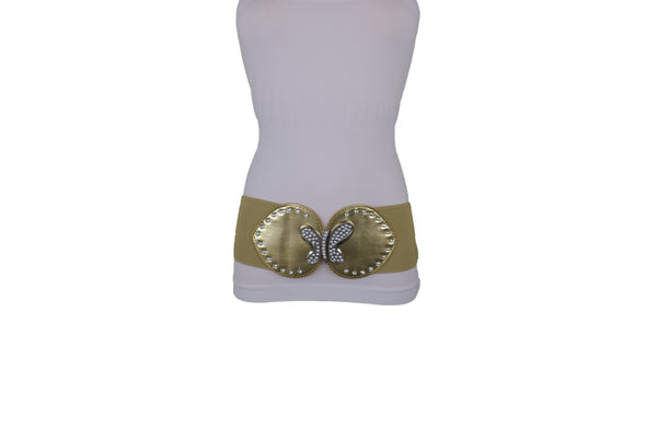 Brand New Women Gold Faux Leather Wide Elastic Fashion Belt Silver Metal Butterfly Fit S M